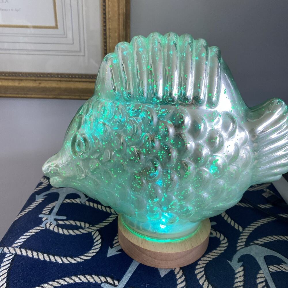Mercury Glass Illuminated Fish Lamp w/ LED Base Flash Strobe Fade Modes 10.5"x9"